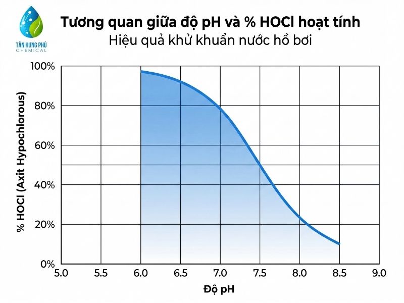 Correlation chart between water pH and active HOCl percentage in pool disinfection by Tan Hung Phu