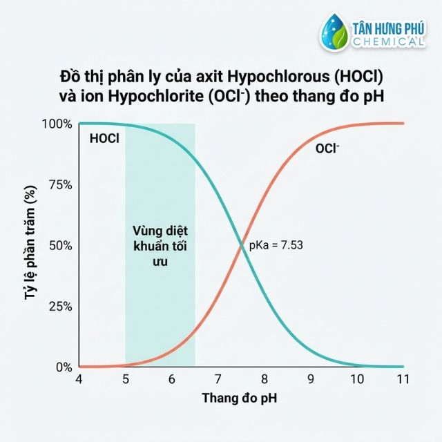 Biểu đồ tương quan giữa pH nước và tỷ lệ phân ly HOCl OCl-