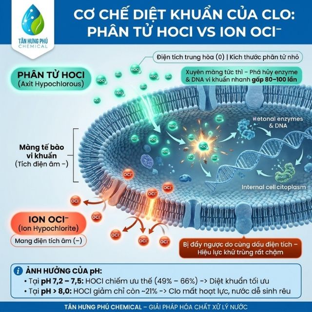 Sơ đồ cơ chế diệt khuẩn của HOCl xuyên thủng màng tế bào vi khuẩn
