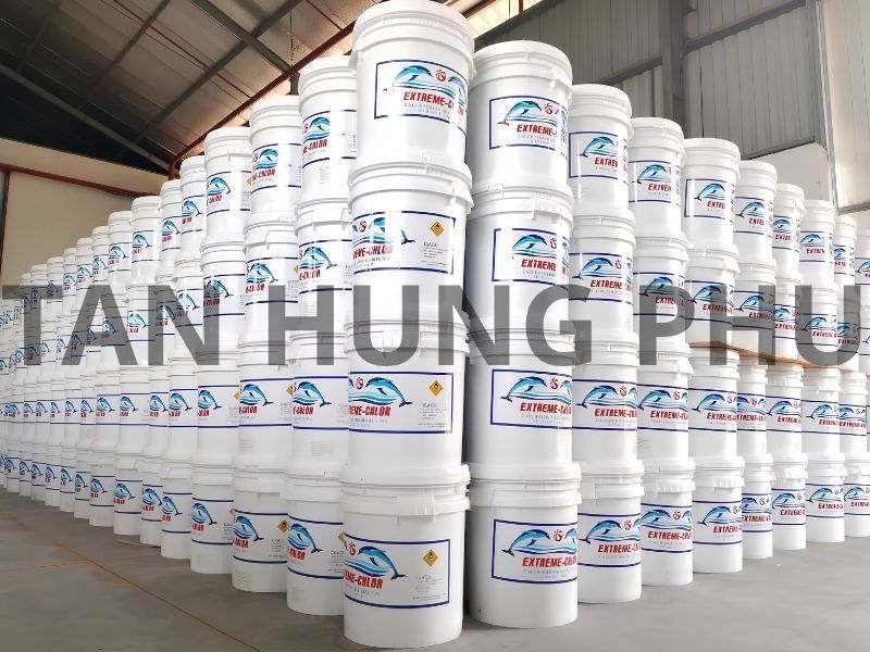 Chlorine 70% swimming pool disinfection chemical warehouse at Tan Hung Phu