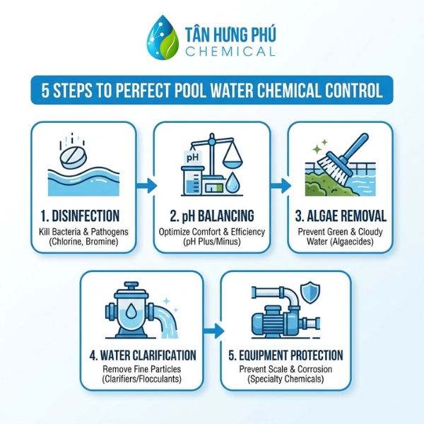 5-step standard swimming pool water treatment control diagram at Tan Hung Phu