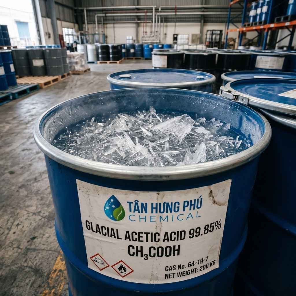 Glacial acetic acid GAA crystallizing into ice-like solids inside carboy when temperature falls below 16.6°C
