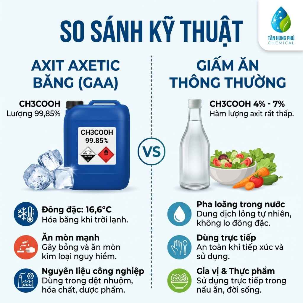 Infographic comparing glacial acetic acid GAA 99.85% with culinary vinegar 4-7%
